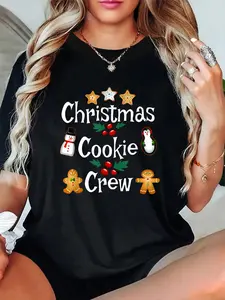 Unisex 100% Cotton Baker’s Christmas Cookie Crew Family Baking Team Holiday Cute Tee, Autumn Women’s Tee Christmas Happy Letter Snowflake Fun Pattern