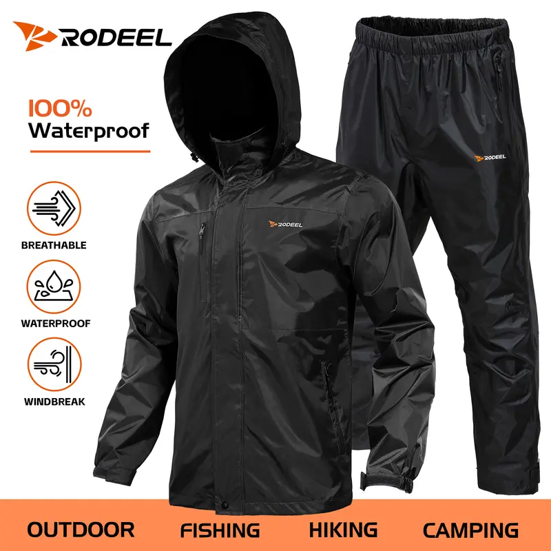 【RODEEL】702 Men’s Waterproof Jacket and Pants Set Lightweight Breathable Full Zip Adjustable Hooded Rain Suit Durable Weatherproof Rainwear Workwear for Outdoor Fishing Boating Construction Roofing Landscaping SummerWins