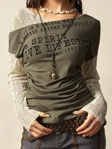 Letter Print Faux Two-Piece Long Sleeve T-Shirt, American Vintage Style, Casual Daily Wear, Street Fashion, Men's Clothing