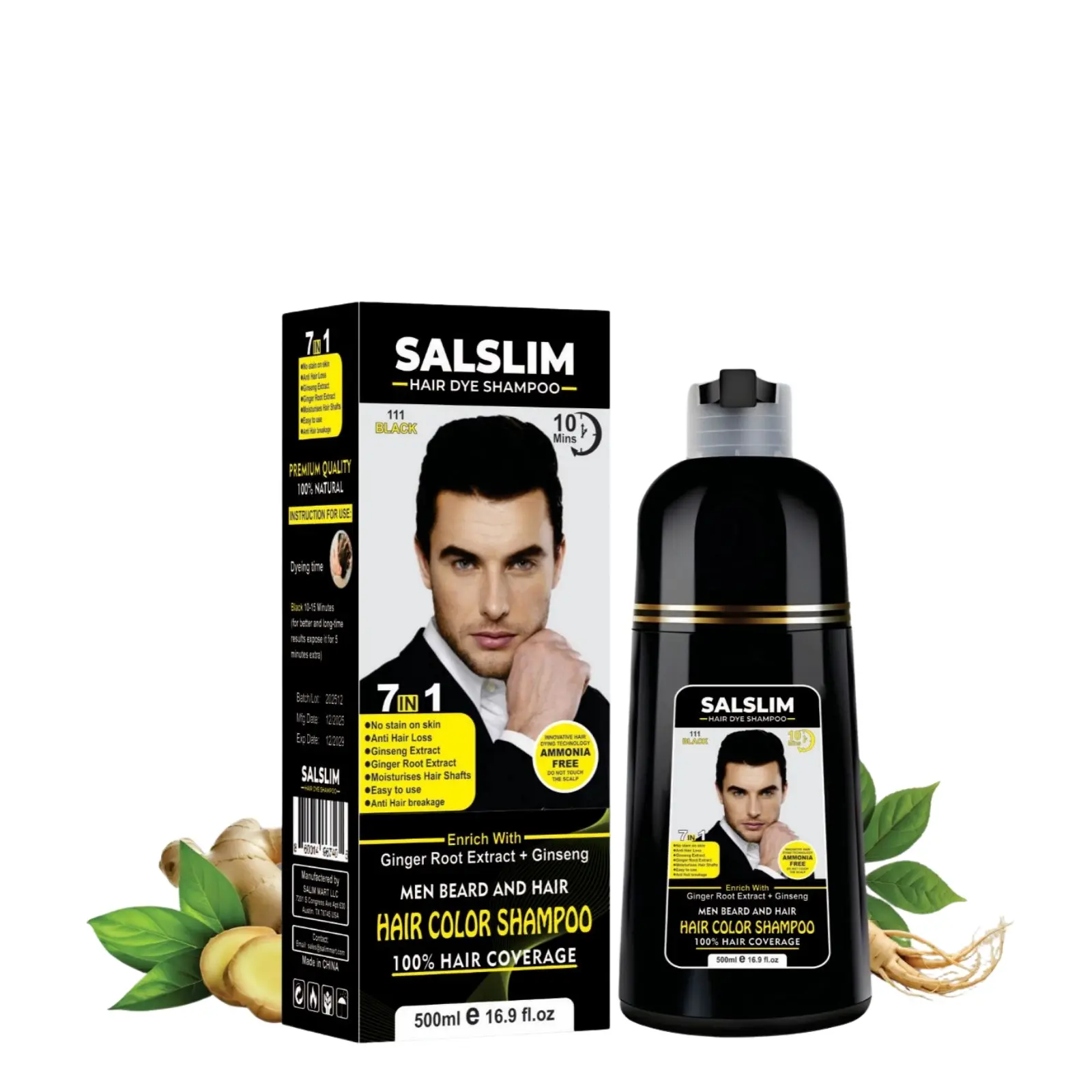SALSLIM 7-in-1 Hair & Beard Dye Shampoo for Men – Natural Black | With Ginseng & Ginger Extracts | Ammonia-Free Formula | Hair & Beard Use