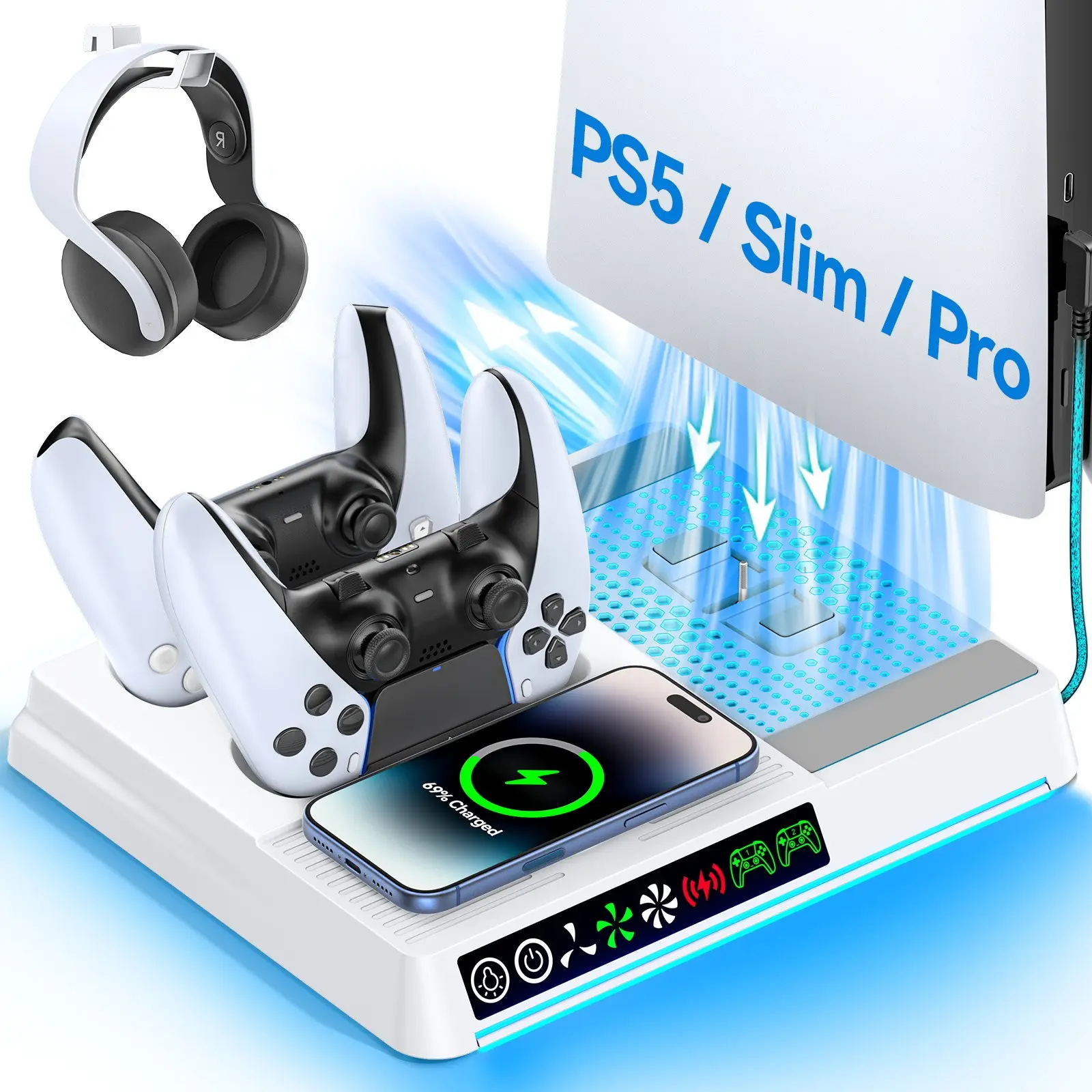 PS5/SLIM/PRO Cooling Station with Controller & Wireless Charger, PS 5 Vertical Cooling Stand for Disc & Digital Console, Dual PS5 Controller Charging Station for DualSense & Edge, Smart Charging Dock, Accessories, Electronic Gadgets