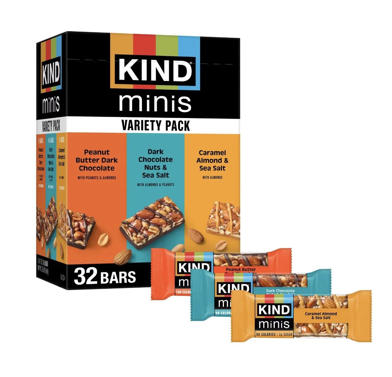 KIND Snacks Mini Nut Bar Variety Pack - Peanut, Almonds, Low Sugar, 100 Calories or Less, 3-4g Protein, 32 Count
