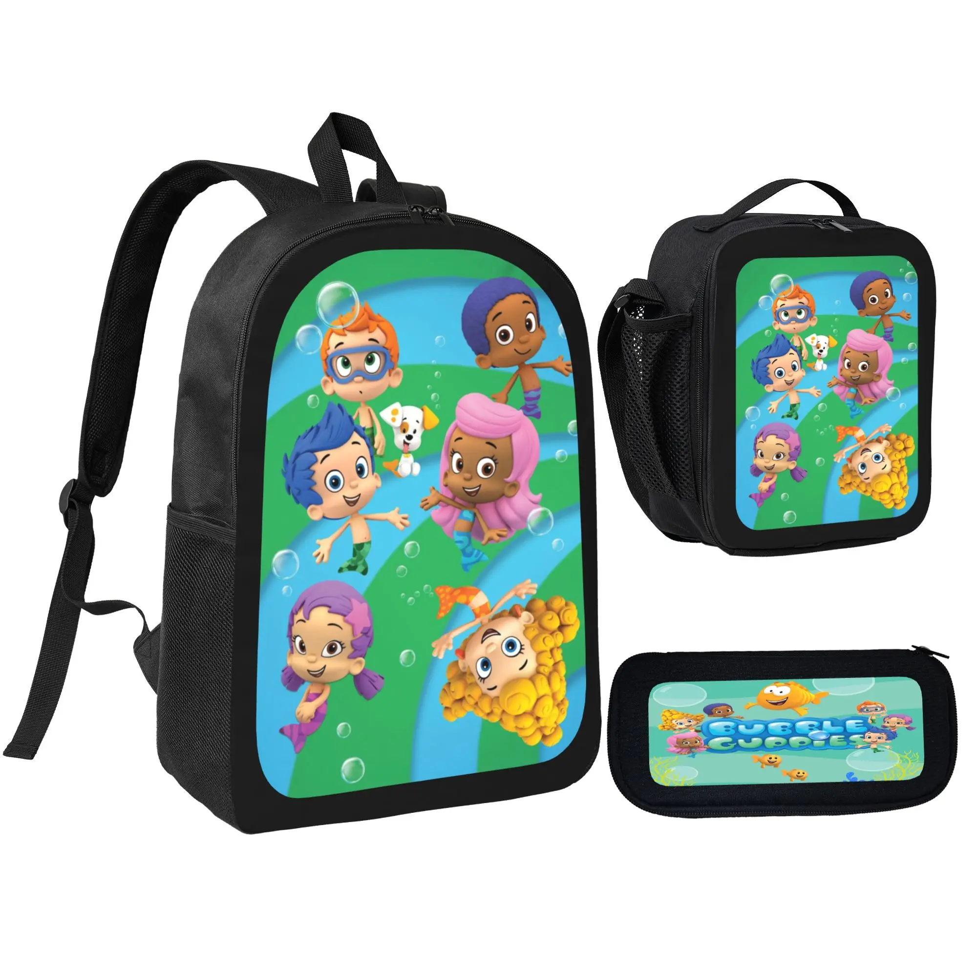 Bubble Guppies Cute Cartoon Print Backpack for Boys Girls Teens, 3PCS Fashion School Bag Set with Thermal Lunch Bag and Zipper Pencil Case, Large Capacity Casual Daypack for School Daily Travel