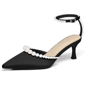 Coutgo Womens Pearl Kitten Heels Closed Pointed Toe Wedding Bride Dress Shoes Ankle Strap Satin Pumps