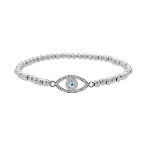 Stately Steel Cubic Zirconia Evil Eye Ball Chain Stretch Bracelet