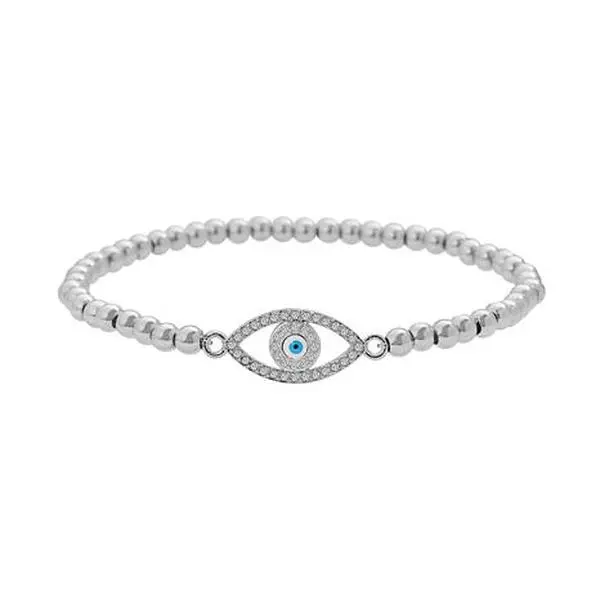 Stately Steel Cubic Zirconia Evil Eye Ball Chain Stretch Bracelet