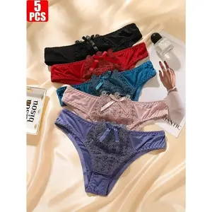 5pcs Women's Sexy Lace-Trimmed Low-Rise Panties - Soft, Comfortable Nylon Briefs with Bow Detail in Black, Red, Teal, Pink & Purple, Elegant Lingerie for Casual Attire Womenswear Mixed Color Fit Seamless Underwear Daily Seamless