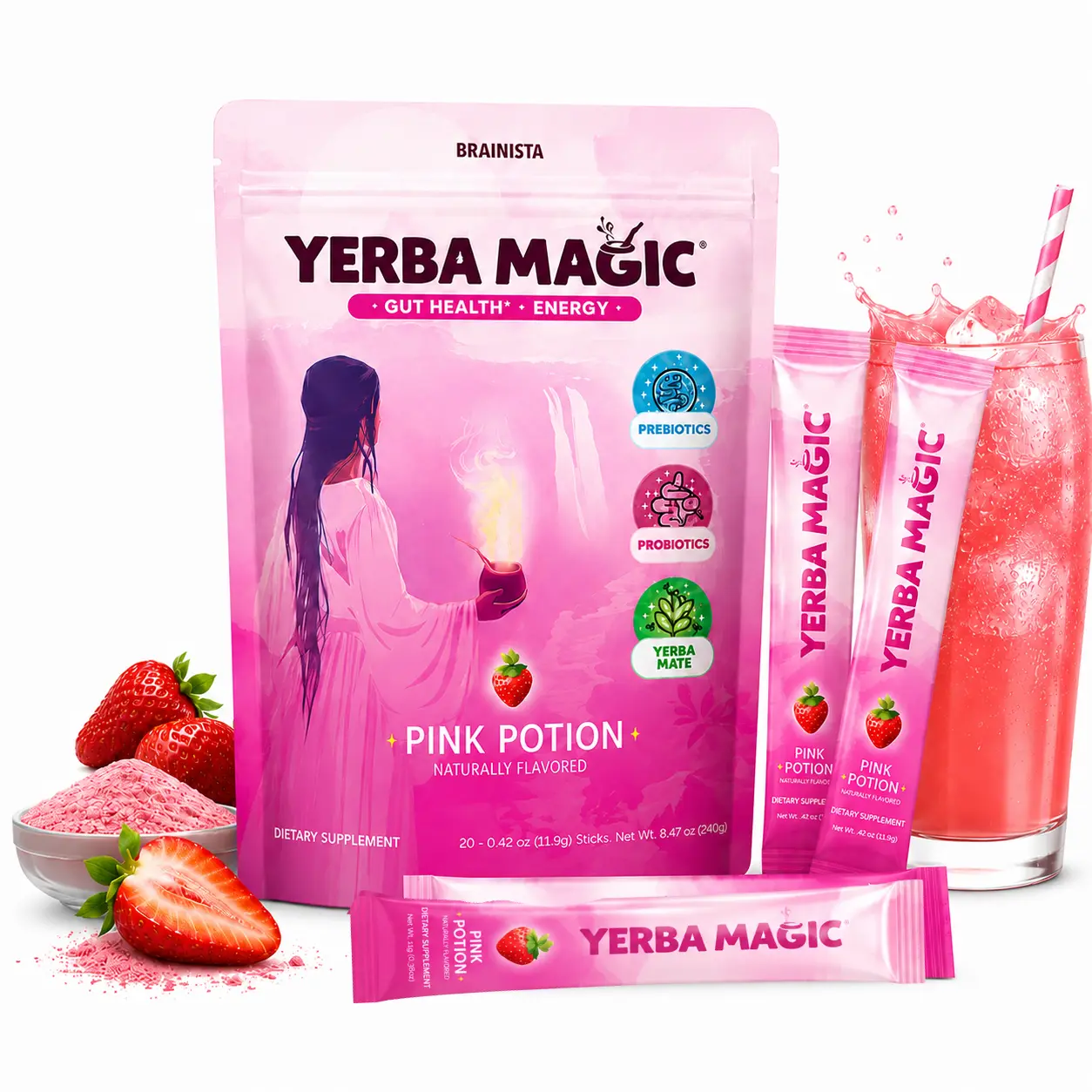 Yerba Magic Pink Potion | Strawberry Cream Instant Yerba Mate Refresher + Gut Health + 100mg Plant Energy (20 Sticks)