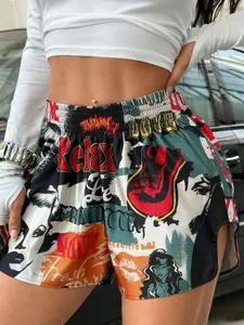 Women's Casual Shorts, Full Comic Print, Fitted Design, Side Slit, Multi-Color, Summer Must-Have, Perfect for Festivals and Cafes