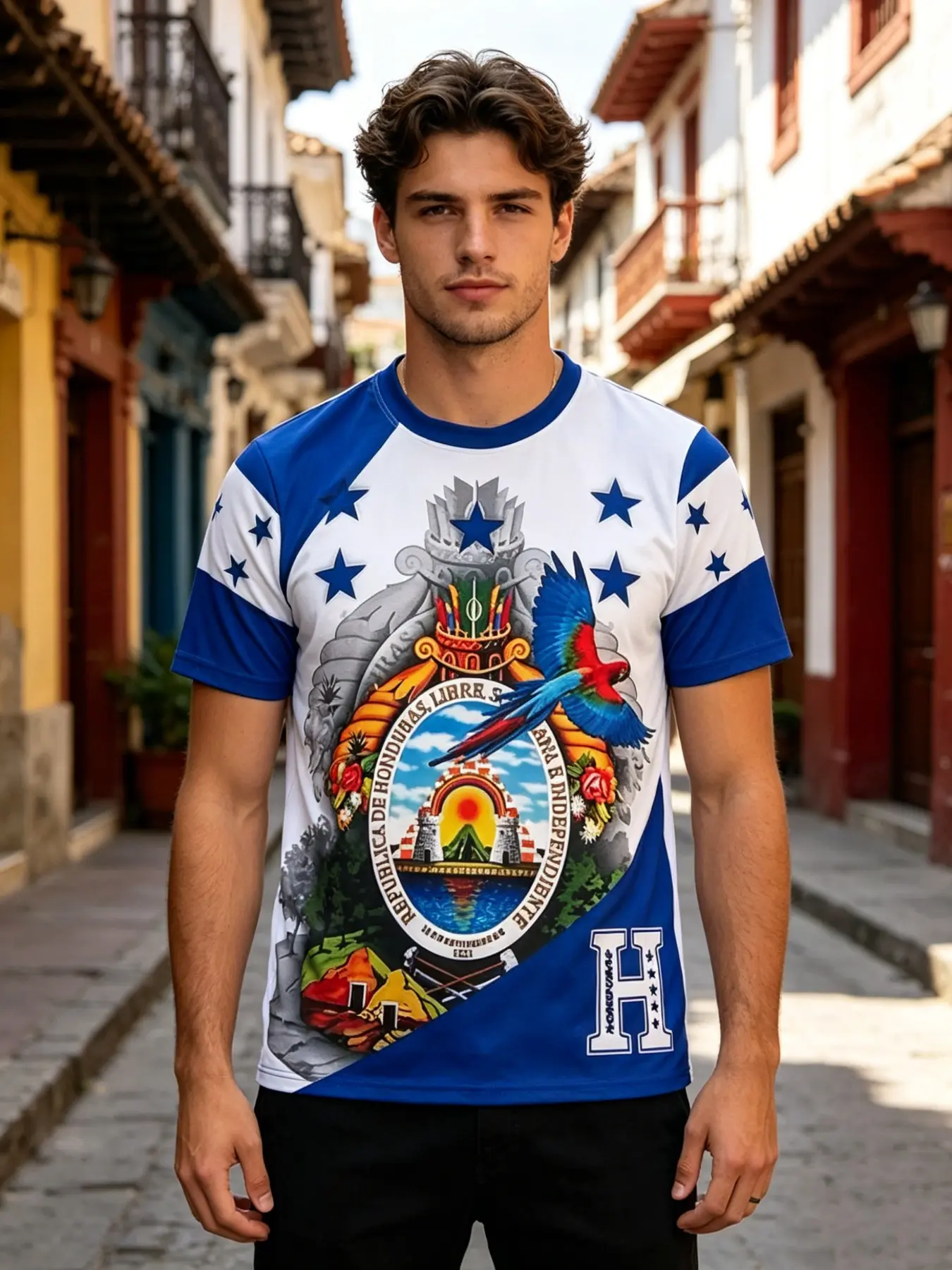 Honduras T-Shirt Top Round Neck Flag Landscape Pattern Unisex Ethnic Pride Fashion Casual Fitted Short Sleeve All over Print Casual Printed Menswear