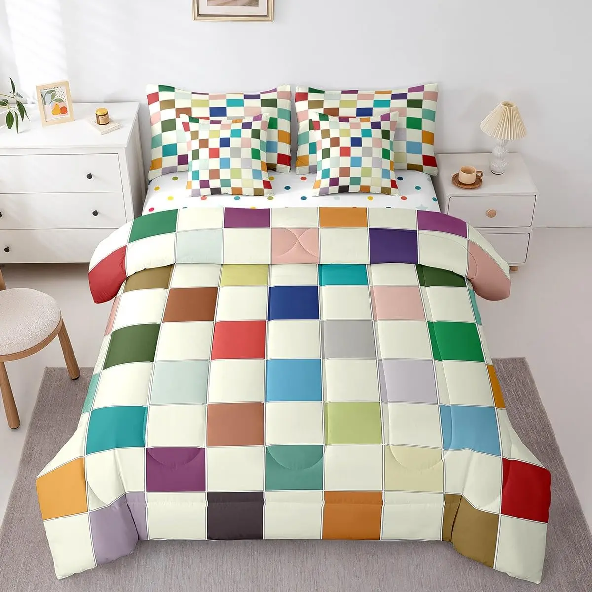Feelyou 7-Piece Ultra Soft Checkered Grid Rainbow Bedding Set - Multi-Size Bed-in-A-Bag for Teens, Seven Pieces
