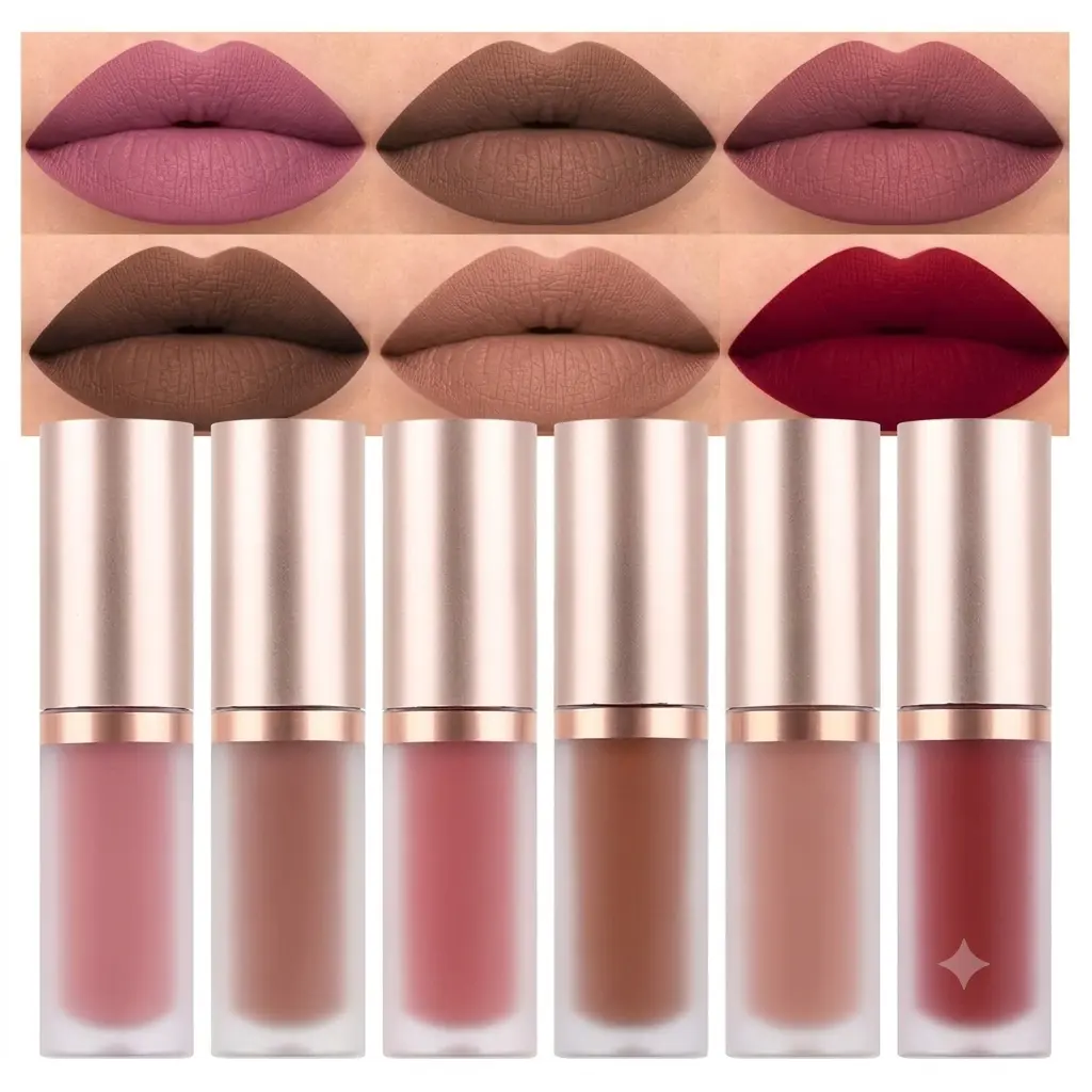 6Pcs Dark Light Nude Brown Matte Matt Liquid Lipstick Lip Gloss Glossy Set for Black Women, 24 Hour Brown Mauve Red Maroon Silky Velvet Lipstick Lip Liner set labiales matte larga duracion 24