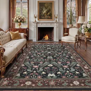 Machine Washable Area Rugs, Vintage Floral Print Living Room Rugs, Soft Non Slip Area Rug for Bedroom, Large Stain Resistant Under Table Carpet for Dining Room Home Decor Retro Accent Rug