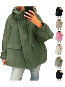 Fisoew Women's Oversized Lightweight Jacket Hooded Trench Coat Windbreaker Waterproof Raincoat With Pockets For Outdoor Casual Adjustable Drawstring Waist & Turtle Neck Convertible Hood Check Chic FallFreshness Womenswear Fit polyester trench coat