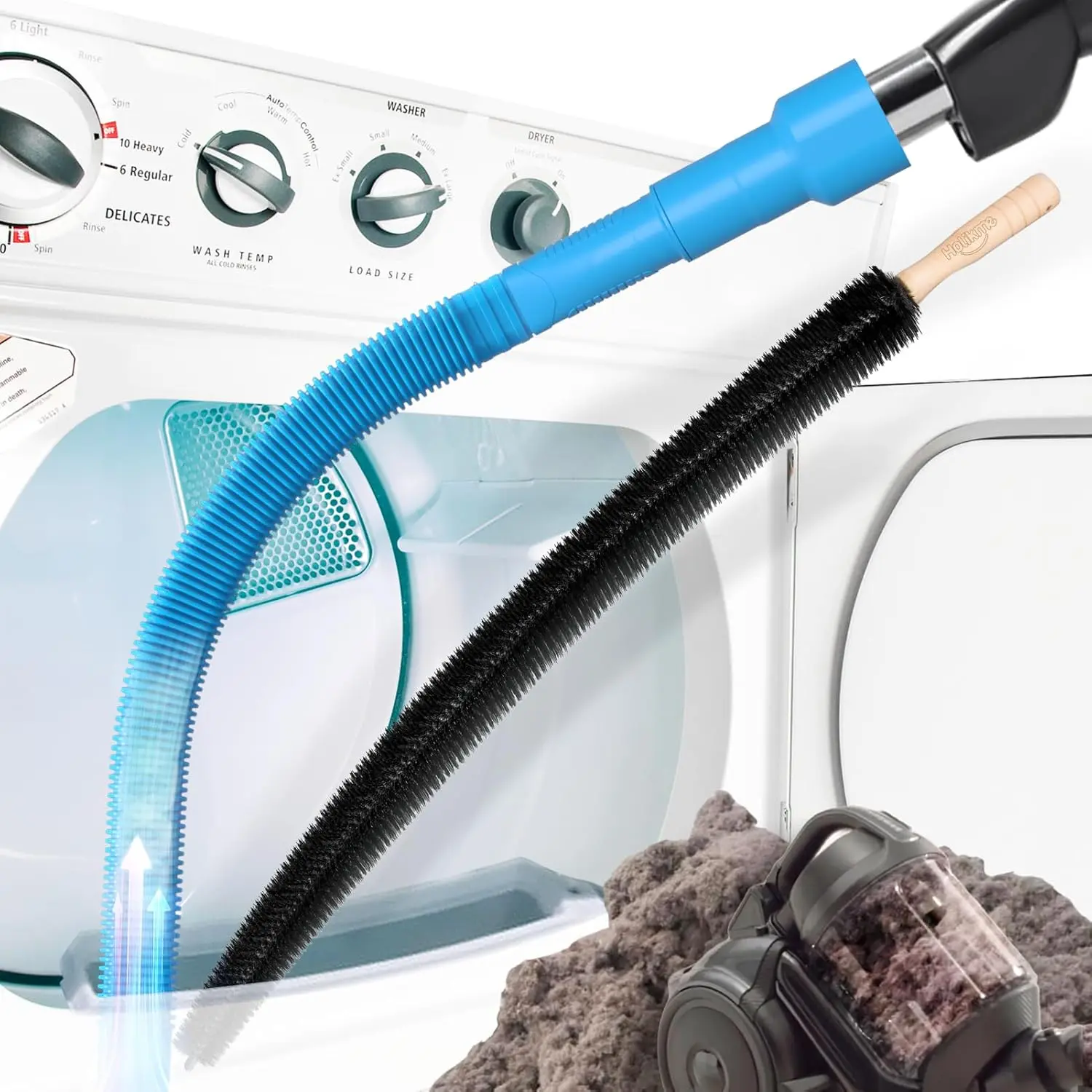 Holikme Dryer Vent Cleaner Kit, 2-Piece Set with Blue Flexible Extra Long Lint Brush, Fits Almost All Vacuums Attachment Hose for Water Sports Equipment Maintenance, Extra Long Brush, Fits Almost Vacuum, Flexible Lint Brush