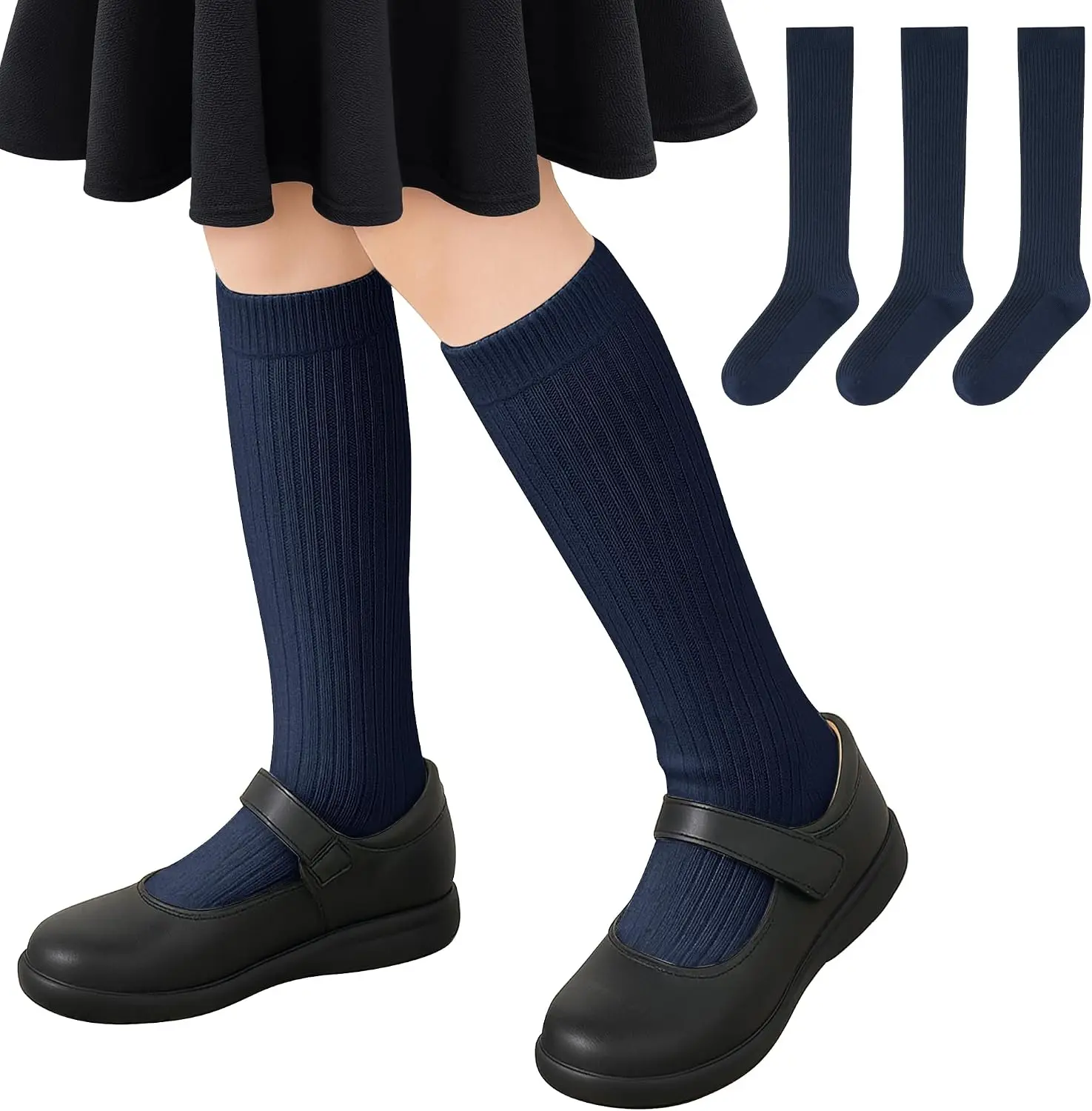 Girls Knee High Socks Cotton School Uniform Dress Long Sock 3 Pairs | Cheer Calf Sock, Seamless Toe, Tall, Soft, Breathable Comfort, Stretchy Ribbed, Little Kids, Toddler, 3-18 Years