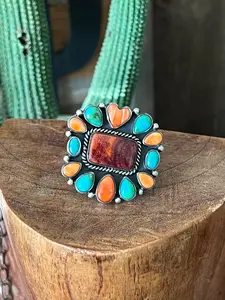 Handcrafted Electric Rainbow Turquoise and Spiny Oyster Ring by Angela Martin and Bernyse Chavez, Size 7.5-8