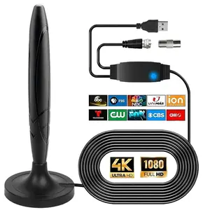 HIGH-definition TV antenna with a 35dBi amplifier – 4K 1080P indoor/outdoor TV antenna, featuring 360° rotation capability and global compatibility with ATSC/DVB-T2/ISDB-T. (5-meter coaxial cable), connects to a local plug, supports HD reception.