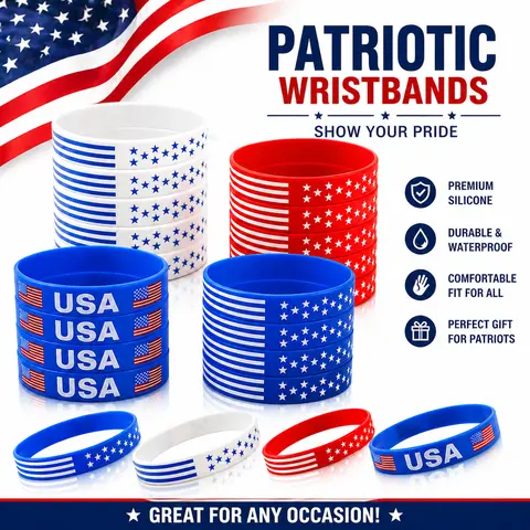 20Pcs 4th of July Silicone Bracelets - Reusable, Waterproof, Unisex, Stretch-Fit American Flag Wristbands, Red White Blue Bangles for Adults, Independence Day Patriotic Party Favors #DealsforYouDays #SummerWins