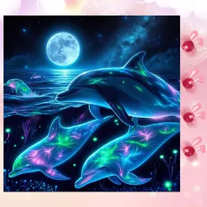 5D DIY Full Drill Round Diamond Painting - Diamond Art Kit Moon, Dolphin, Glow in the Dark Mosaic, Canvas - DIY Wall Decor, Home Wall Decoration, Suitable for Halloween and Christmas, Birthday and Anniversary Gifts