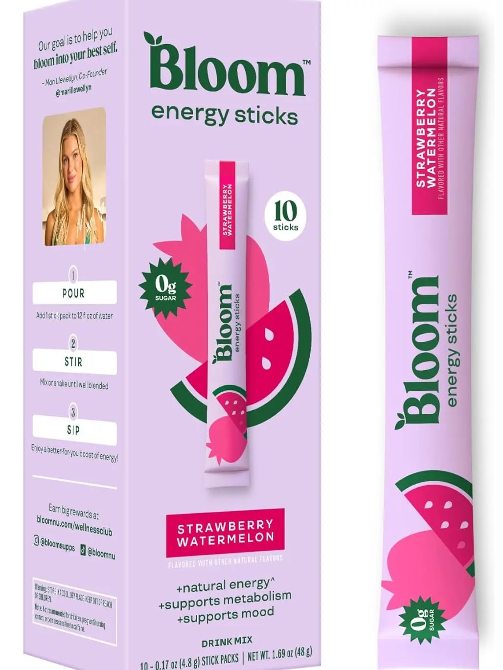 Bloom Nutrition Energy Drink Powder Packets, Sugar Free Energy Drink Mix with L-Theanine, B Vitamins & Natural Caffeine, On the Go Powder Sticks for Natural Energy, 10 Calories (10 Pouches (Pack of 1), Strawberry Watermelon)