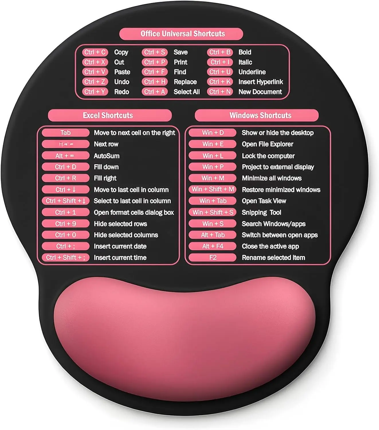 Pad with Wrist Rest -  Memory  Support, Small Cute Excel Cheat Sheet Mousepad with Windows & Office Shortcuts, Non-Slip PU Base, for Computer Desk Laptop Travel, Black