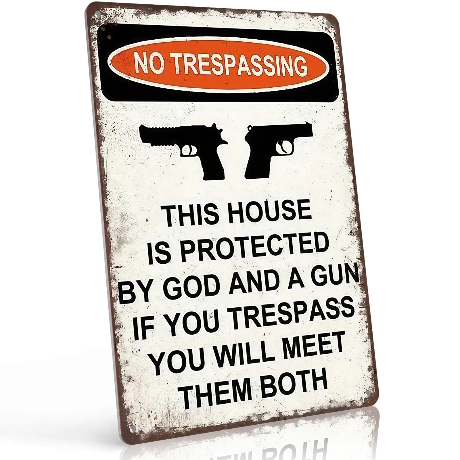 12x8 in Aluminum "No Trespassing This House Protected By God And A Gun" Sign - Bold Christian Patriotic Retro Tin Home Decor for Entryway, Property Perimeter - Gift for Patriots, Home Defenders, Retro Home Signs, Tin Home Signs