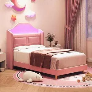 【Christmas Gift】Pink Upholstered Twin Bed Frame with LED Lights, Velvet Platform Bed Frame with Wing Back Storage Headboard, Wood Slats Support, No Box Spring Needed, Easy Assembly