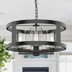 4-Light Farmhouse Chandelier, 20" Black Modern Glass Drum Pendant Lamp for Dining Room Kitchen Island Living Room
