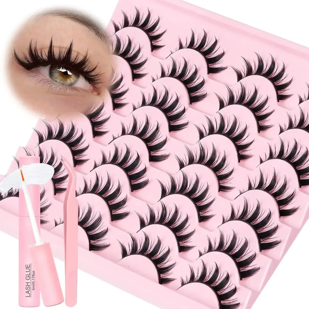 8D Fluffy Volume Cluster Eyelash Kit with Glue and Tweezers, 14 Pairs Spiky False Eyelashes for DIY Makeup, Wispy Style for Anime Look, Fluffy Volume Eyelashes, Manga Lashes