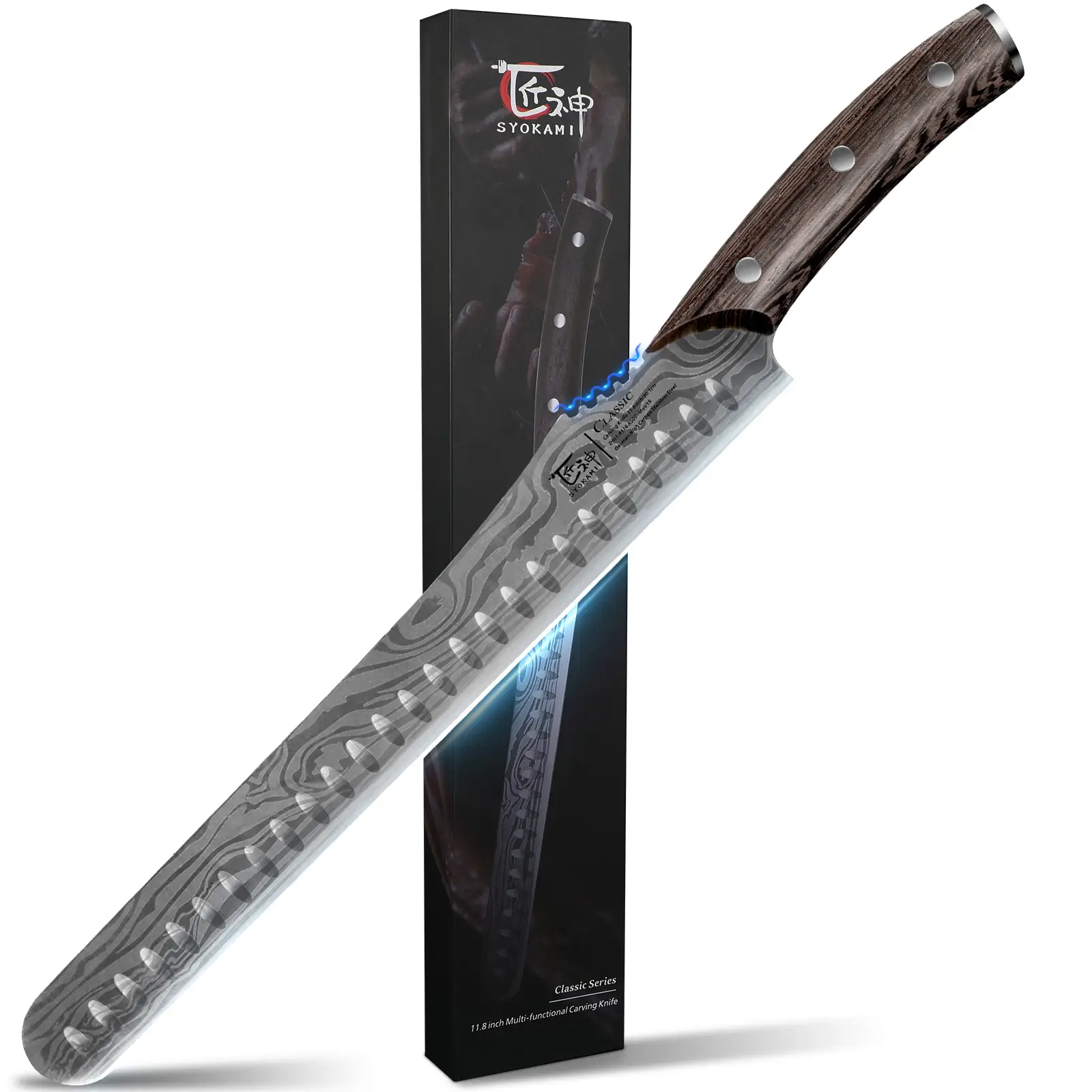 SYOKAMI Multifunction Carving Knife, 12 Inch High-Carbon Japanese Style Brisket Knife with Wood Handle, Damascus Pattern Full Tang Design, Razor Sharp