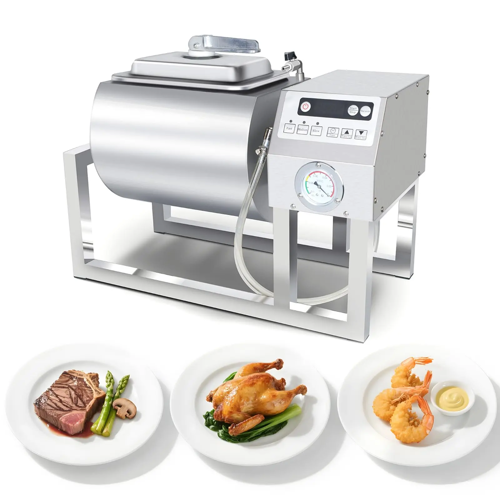 HAKKA FOOD PROCESSING Commercial Stainless Steel Vacuum Tumbler Marinating Machine - 36lb/18L Round Drum, 110V Plug, Bidirectional Rotation, 3-Speed Control, Boosts Production for Fish, Seafood, Chicken, Beef, Dried Fruit