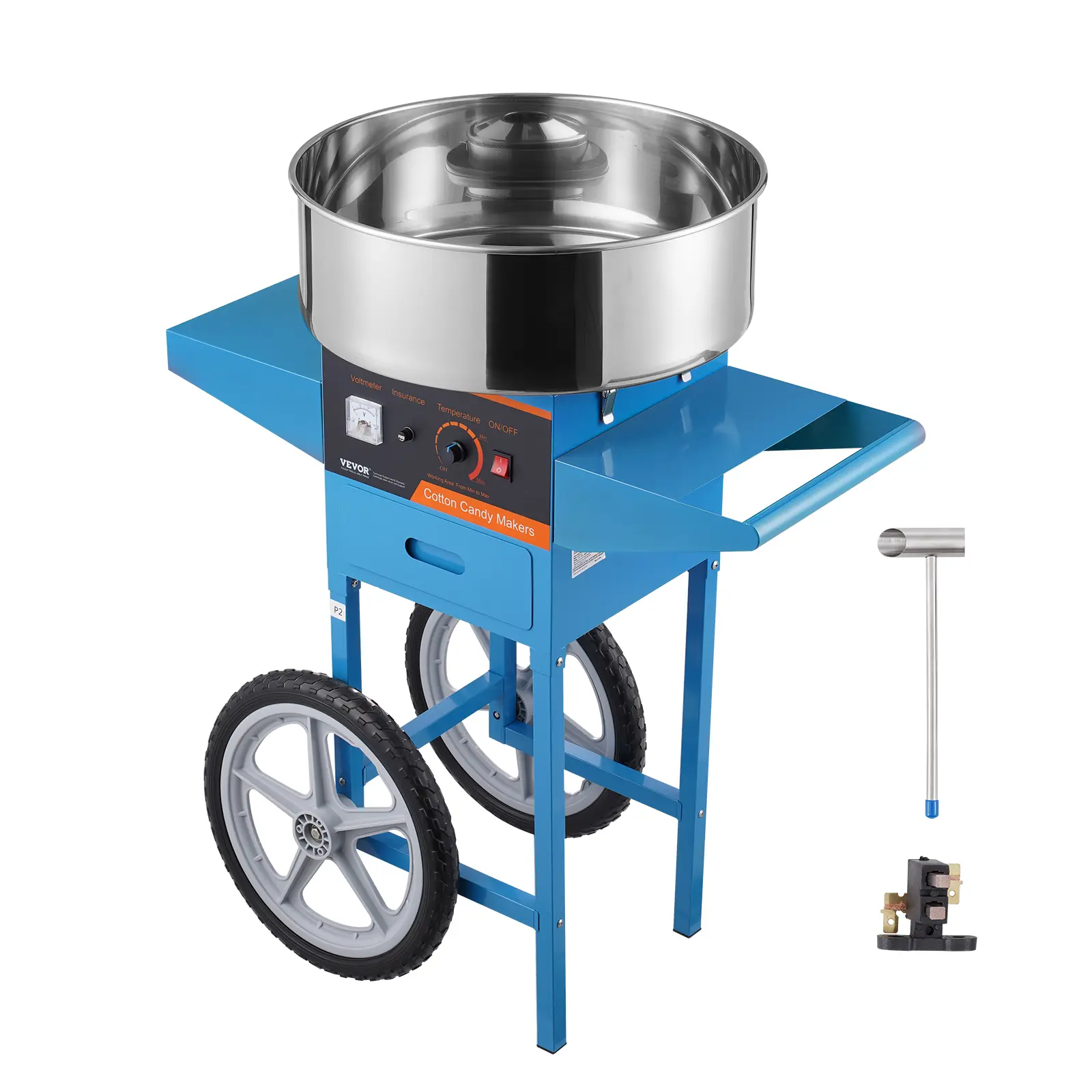 【Summerfinds】VEVOR 1000W Motor Commercial Electric Cotton Candy Machine with Cart, Stainless Steel Bowl, Sugar Spoon, Drawer, Candy Box, Voltage Mtr, 6 Cones/Min, 244.9°F-439.2°F - Ideal for Kids' Events, Festivals (Blue)