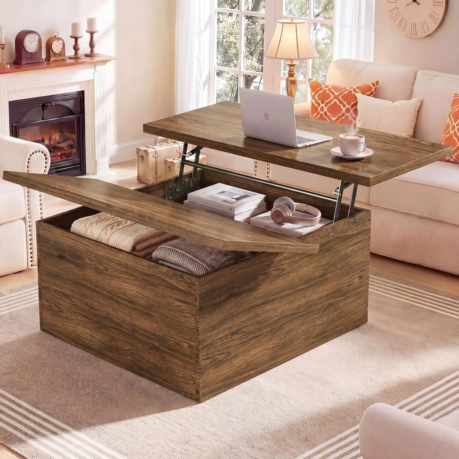 31.5" Lift Top Coffee Table, 4 in 1 Square Coffee Table with Storage, Center Table with Lifting Top & Large Hidden Storage Compartment for Living Room, Home Office, Walnut