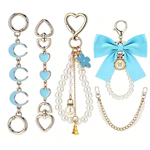 Women's 5 Pcs Gold Pearl Bow Bag Extender Set - Purse Charms, Strap Combo, Dainty Star Charm Pendant, Minimalist Fashion Accessory