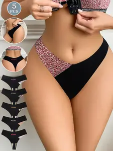 5 pieces of leopard print seamless V-shaped sexy women's underwear, skin-friendly, soft and comfortable, suitable for daily wear and casual sports.