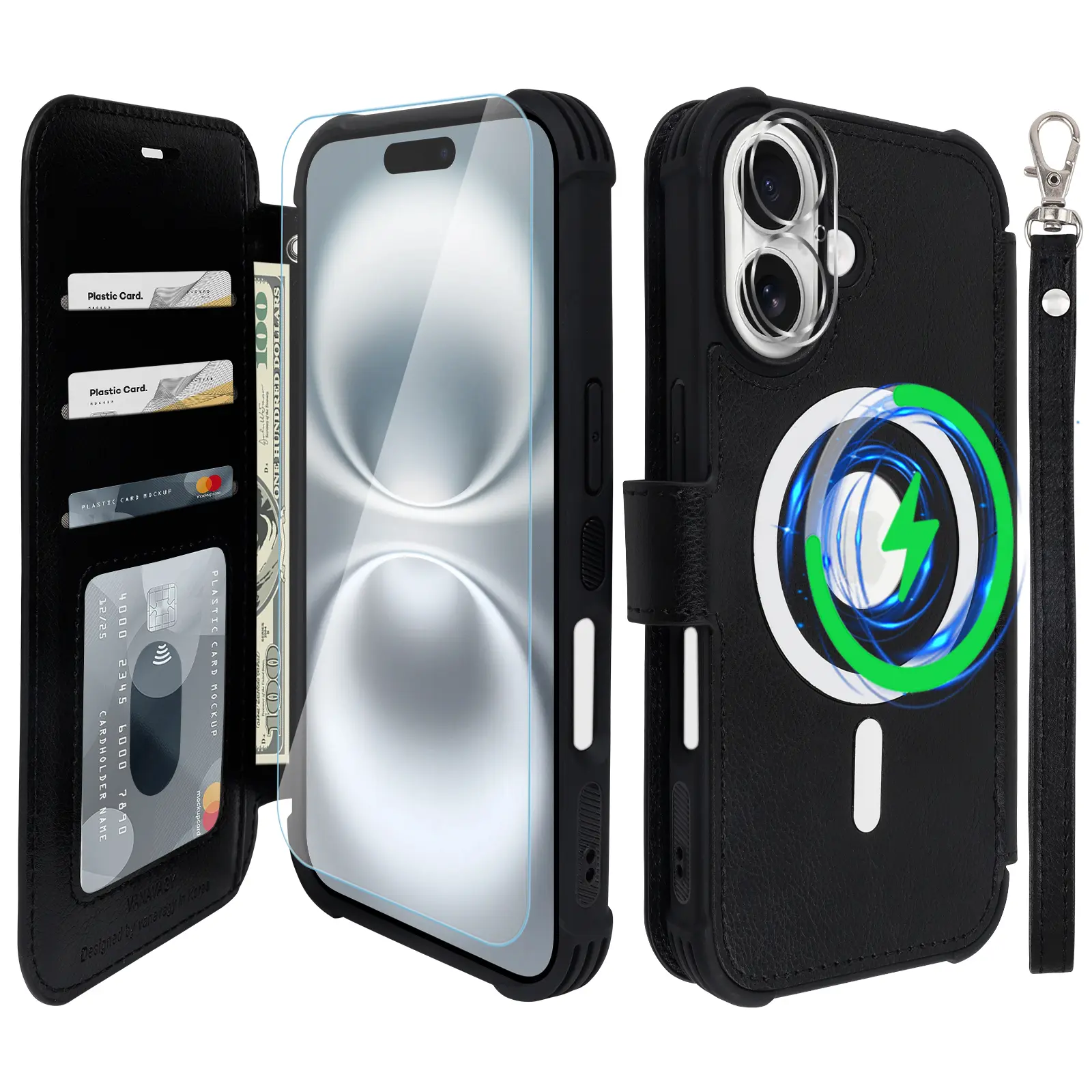 VANAVAGY Wallet Case Compatible for iPhone 16 Pro Max 16 Plus 16 Pro 16 16e/17e,Leather Flip Folio Wrist [Screen Camera Protector Included][Compatible for Magsafe and Wireless Charging] RFID Block Credit Card Holder Magnetic phone cases