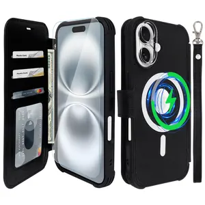 VANAVAGY Wallet Case Compatible for iPhone 16 Pro Max 16 Plus 16 Pro 16 16e,Leather Flip Folio Wrist [Screen Camera Protector Included][Compatible for Magsafe and Wireless Charging] RFID Block Credit Card Holder Magnetic phone cases