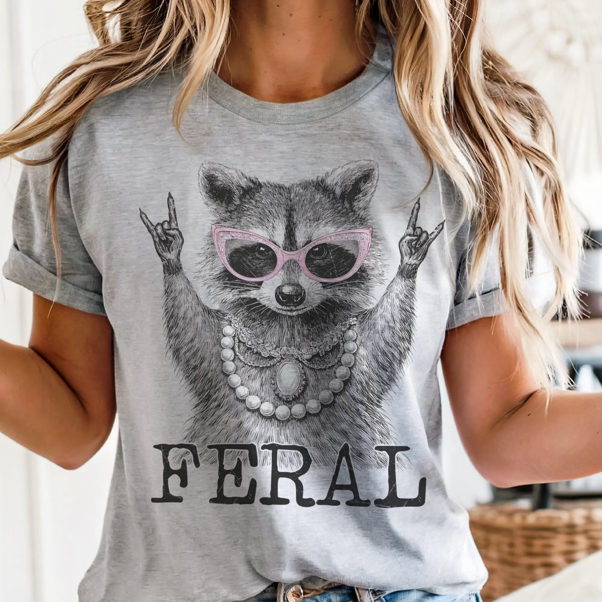 Feral Racoon Graphic Sweatshirt Funny Racoon Pearls Tees Retro Relatable Feral Top Casual Womenswear Sublimation Tshirt Sarcastic Racoon Shirt
