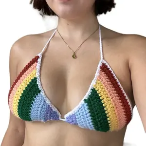 Crochet Summer Bikini Top Rainbow Fully Adjustable Tie Opaque Open Back