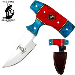 5" Bone Collector Short Clip Point Steel Skinning Blade - BC 872-BRD, Blue & Red Acrylic Handle, Full Tang, Leather Sheath, Knives for Kitchen Skinning Tasks