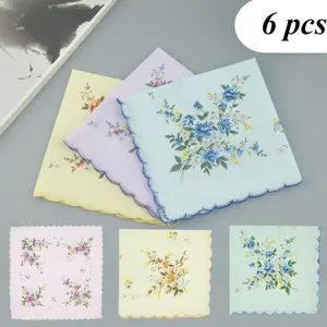 6 Pieces Elegant Floral Cotton Handkerchiefs for Women, Soft Absorbent Handkerchief, Breathable Lightweight Summer Hankies, Woven Fabric, Hand Washable - 100% Pure Cotton Flower Print Kerchiefs