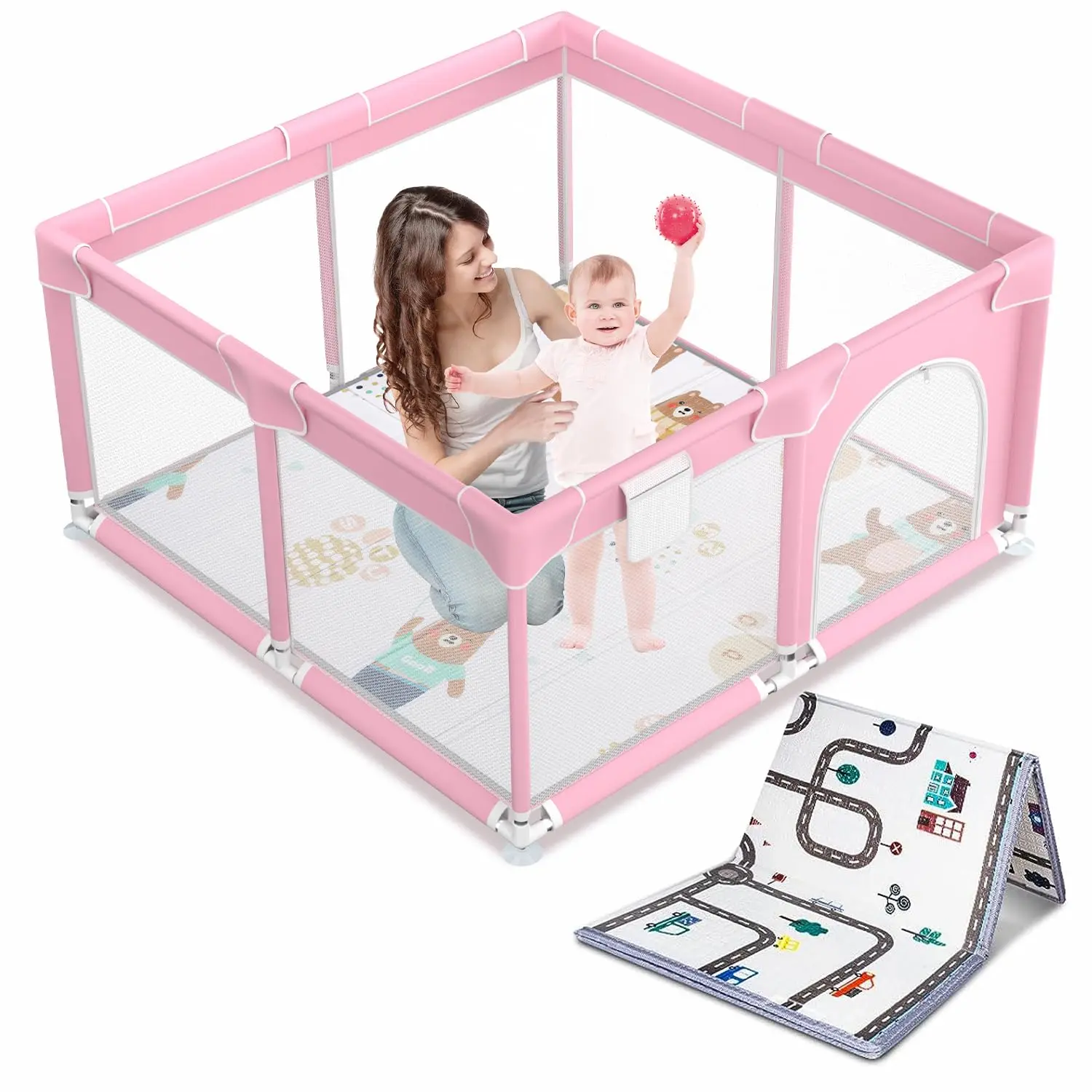 【Deal】Durable ABS Oxford Baby Playpen, Sturdy Safe Foldable Playard with Anti-Slip Mat, Gate & Portable Fence for Indoor-Outdoor Kids Activity Center, Pink, Durable Playpen, Sturdy Safe Playard,summersale, Foldable Playpen