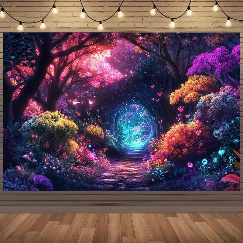 [Popular Choice] Black Light Tapestries, UV-Reactive Neon Light Fantasy Forest Wall Hanging, Psychedelic Plant Tree Misty Jungle Design for Bedroom, Living Room Home Decor