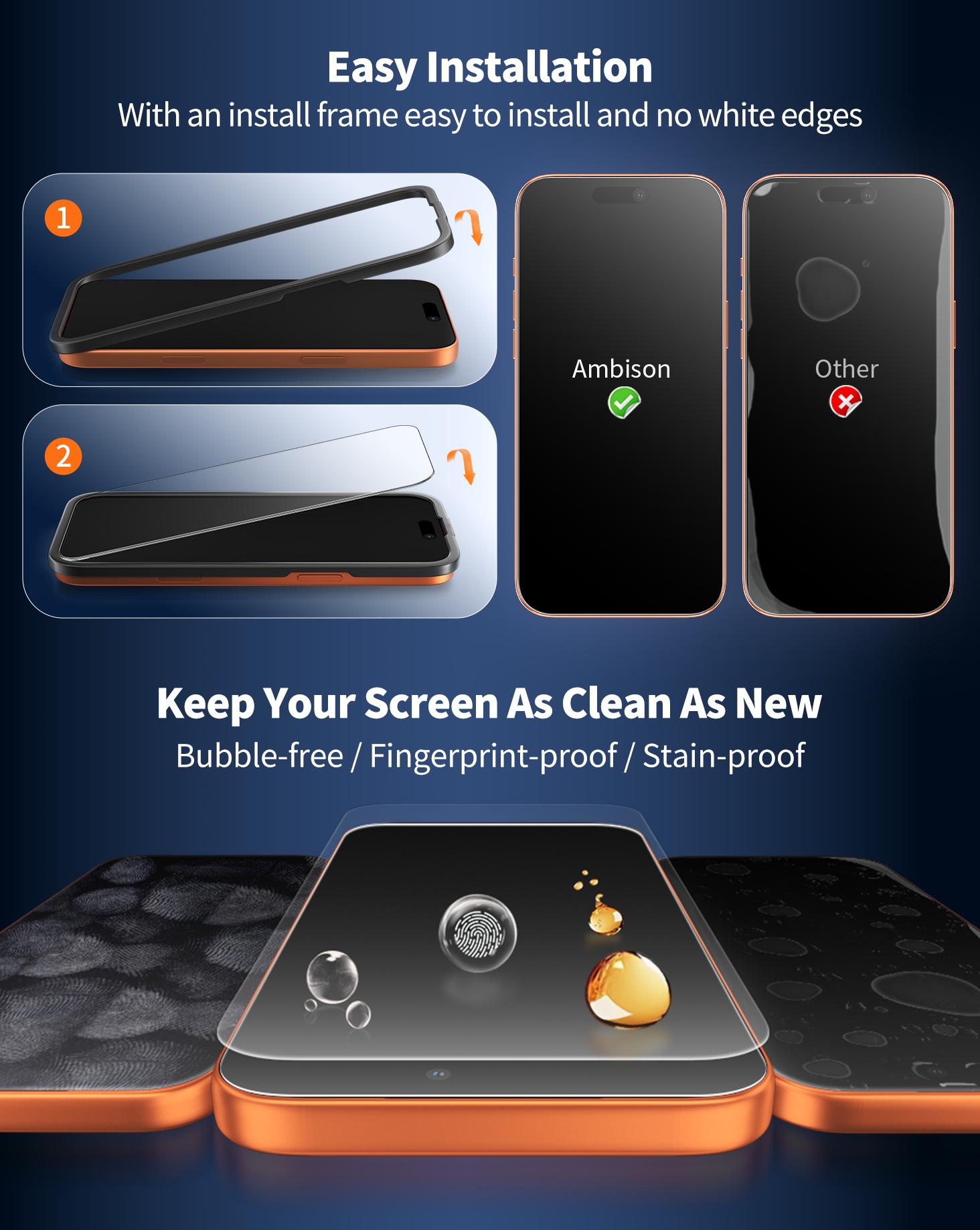 Ambison 2-Pack Matte Privacy Screen Protector for iPhone 17/16/15/14/13 Pro Max, with Easy Installation Tool | Anti-Spy, Anti-Glare, Full Coverage Tempered Glass Film | Anti-Fingerprint, Bubble-Free, Case-Friendly, Silk-Smooth, Shockproof Protection.