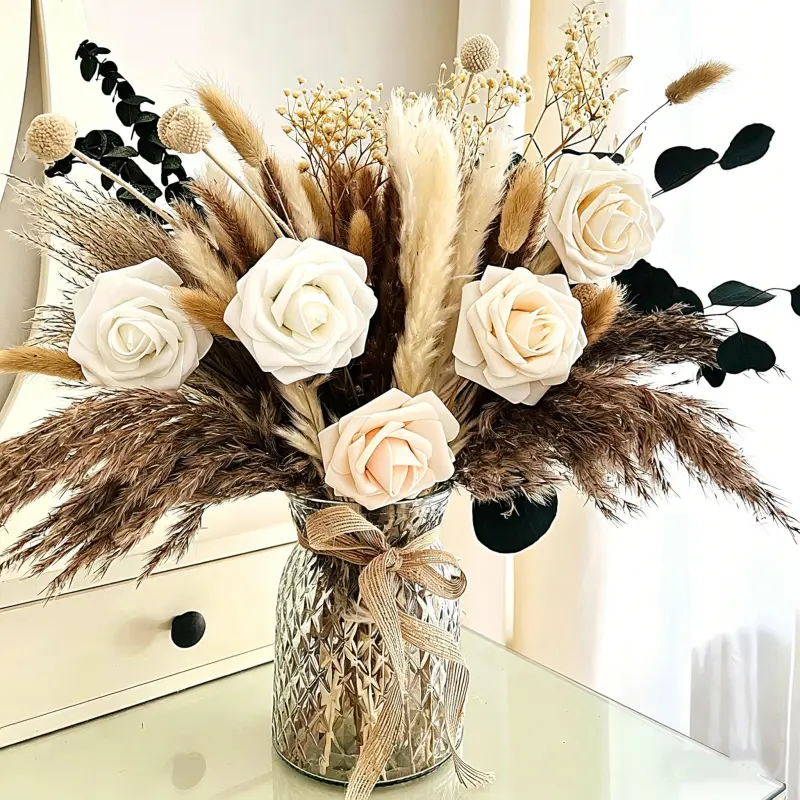 Reusable Faux Artificial Flowers Bouquet - 100PCS Boho Arrangement with 5 Roses, Pampas Grass, Eucalyptus, Bunny Tail Grass, 43cm (17 inch) Artificial Indoor Daily Farmhouse Table Centerpiece for Living Room Wedding