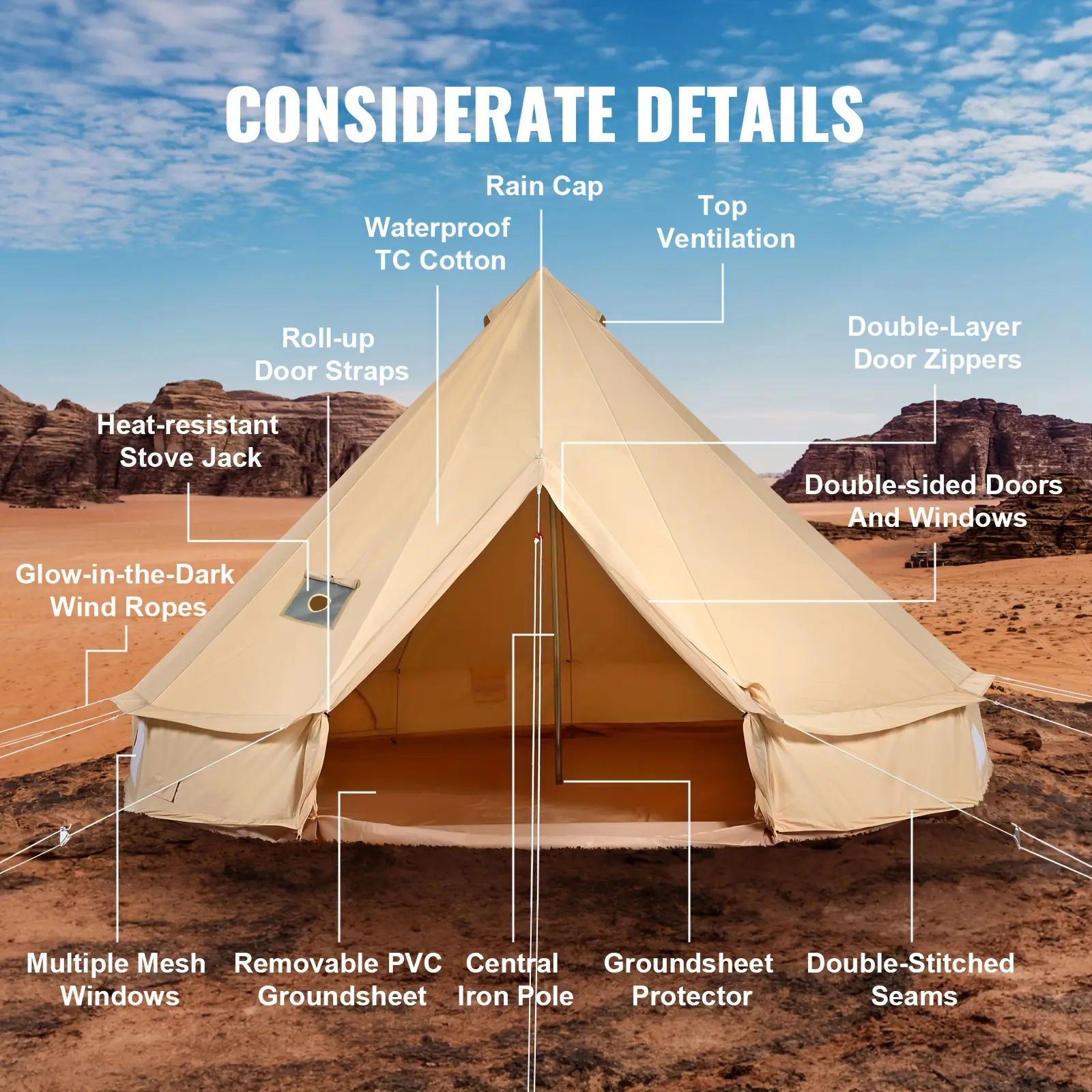 VEVOR 10-12 Person Canvas Glamping Bell Tent, Breathable Waterproof Yurt Tent With Stove Jack And Detachable Side Wall For Family Camping, 20'x20'x138"(Diameter 6M)