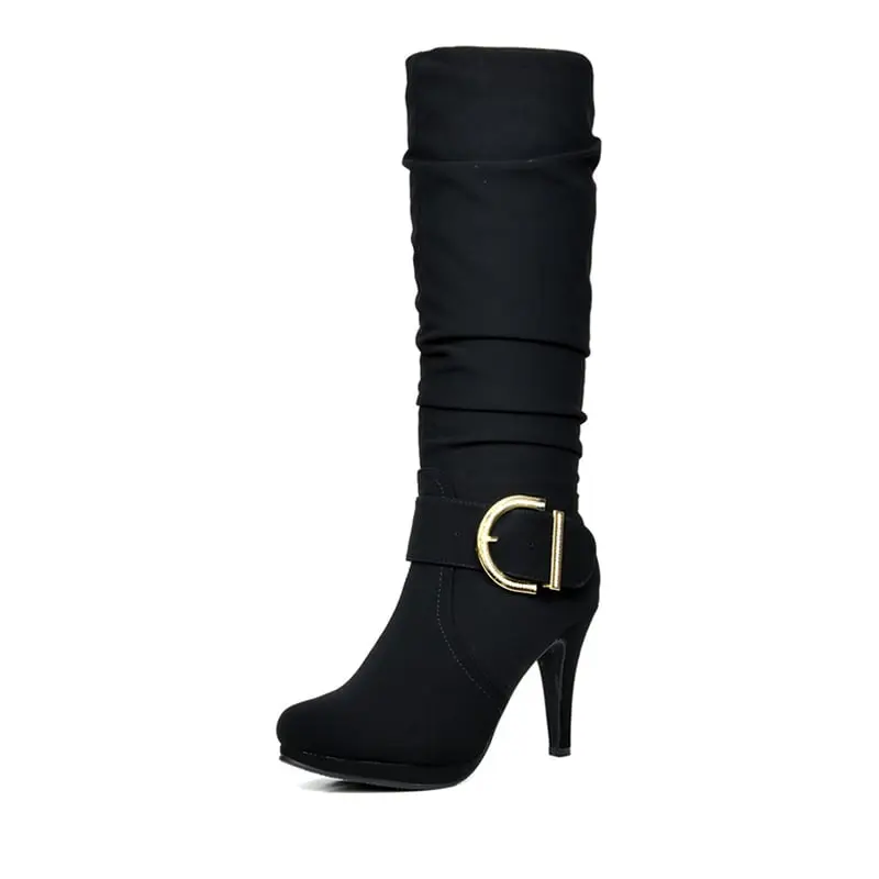 Dream Pairs Women’s Winter High-Heel Knee-High Fur Boots - Soft Shoe, Fur-Cuffed, Cushioned Shaft, Cold-Weather Grip, Platform Design, Footwear