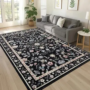 Washable Living Room Rug 9x12 Farmhouse Floral Accent Rug with Non-Slip Backing, Stain-Resistant Soft ，for Dining Room, Bedroom, Kids Room, Black
