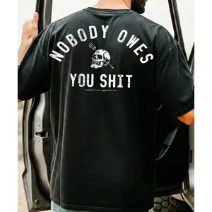 Stoic Skull Graphic T Shirt | Nobody Owes You Quote Design | Rugged Self Reliance Streetwear Tee | Biker Gym Lifting Motivational Shirt | Unisex Casual Graphic T Shirt